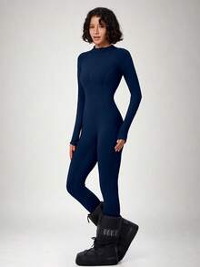 NcmRyu Women's 1pc Autumn/Winter Thermal Lined Solid Color Zipper Stand Collar Long Sleeve One-Piece Ski Suit - Navy Blue - View 10