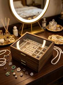 1pc Walnut Wood Multi-Layer Divided Jewelry Storage Box With Glass Visible Lid, Large Capacity Compartments, Luxury Vanity Home Use, Necklace Ring Earring Jewelry Dust-Proof Solid Wood Jewelry Box - Multicolor - View 14