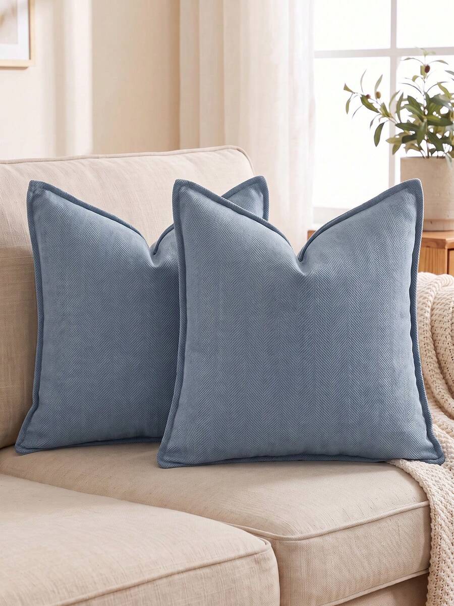 One Piece Of Misty Blue Fishbone Patterned Pillowcase (Without Filling), Modern And Luxurious Soft Chenille Edge Decorative Cushion Cover, Suitable For Sofa, Bed, Bedroom, Office, Hotel, Decoration, All Seasons. - Dusty Blue - View 1