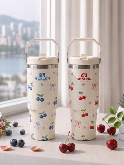 1pc Cute Bow Line Print Ice Bucket Cup With Handle Leak-Proof Stainless Steel Insulated Tumbler Large Capacity Car Water Cup Cold & Hot Dual Use Suitable For Students, Office Workers, Outdoor Travel High-Value Cup Vacuum Flask And Insulated Bottle Insulated Cup, Cold Cup And Mug Cup Party Cup Other Party Tableware Drinkware Set Coffee Cup Flat Bottom Cup Bottle & Jar & Box Vacuum Flask And Insulated Bottle Travel Water Cup Cold & Hot Dual Use Travel Water Cup With Straw Travel Water Cup