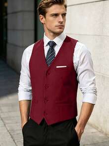 Vest For Men Solid Formal Suit Waistcoat With Wide Pockets For Business Wedding Party Outfit To Match Men Suits - Red - View 7