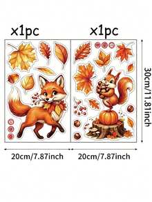 2pcs Autumn Forest Animal Static Window Clings, Fox Hedgehog Squirrel Rabbit Maple Leaf Pumpkin Acorn Stickers, Glue-Free Reusable Glass Decals, Autumn Thanksgiving Home Store Window Party Decoration Gift - Multicolor - View 5
