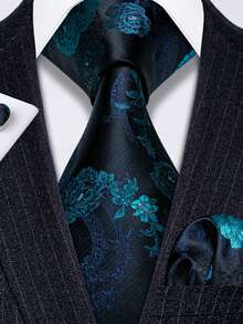 Floral Teal Necktie Pocket Square Cufflinks 3pcs Kit For Museum Gala & Theatre Formal Outfit - Teal Blue - View 1