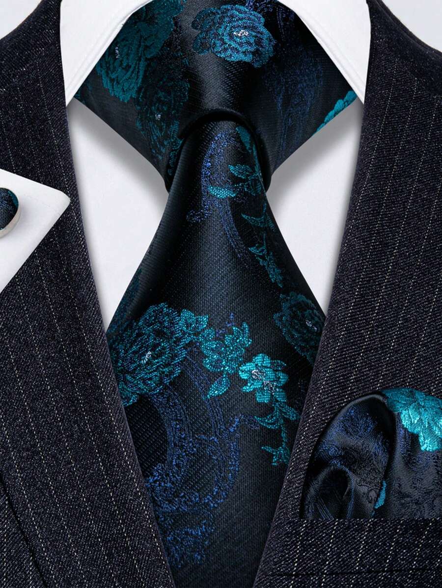 Floral Teal Necktie Pocket Square Cufflinks 3pcs Kit For Museum Gala & Theatre Formal Outfit - Teal Blue - View 1