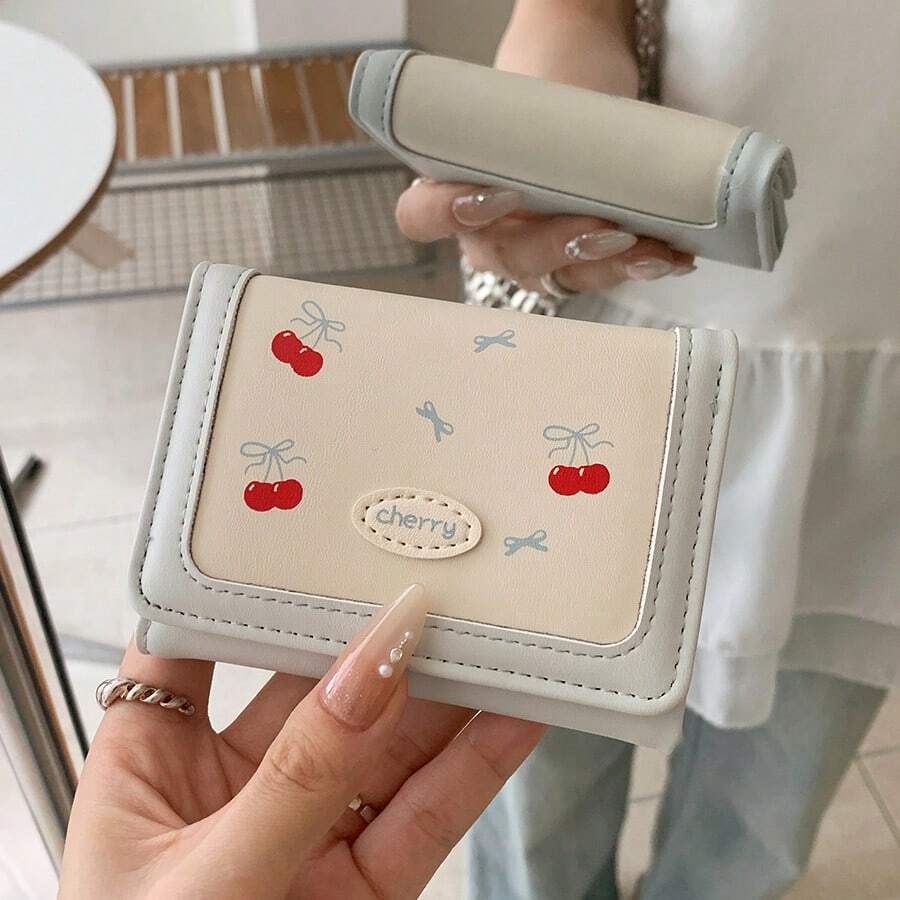 محفظة نسائية ثلاثية الطيات جديدة على الطراز الكوري بتصميم فاكهة الكرز، محافظ صغيرة للنساء