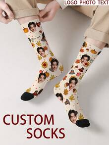 1 Pair Customizable Men's Mid-Calf Socks With Face Pattern, Can Print Any Face On Socks, Personalized Photo Socks, Fun Custom Image Mid-Calf Socks, Suitable For Valentine's Day, Birthday, Gift-Giving, Thanksgiving And Other Occasions, Personalized Customization - Multicolor - View 2