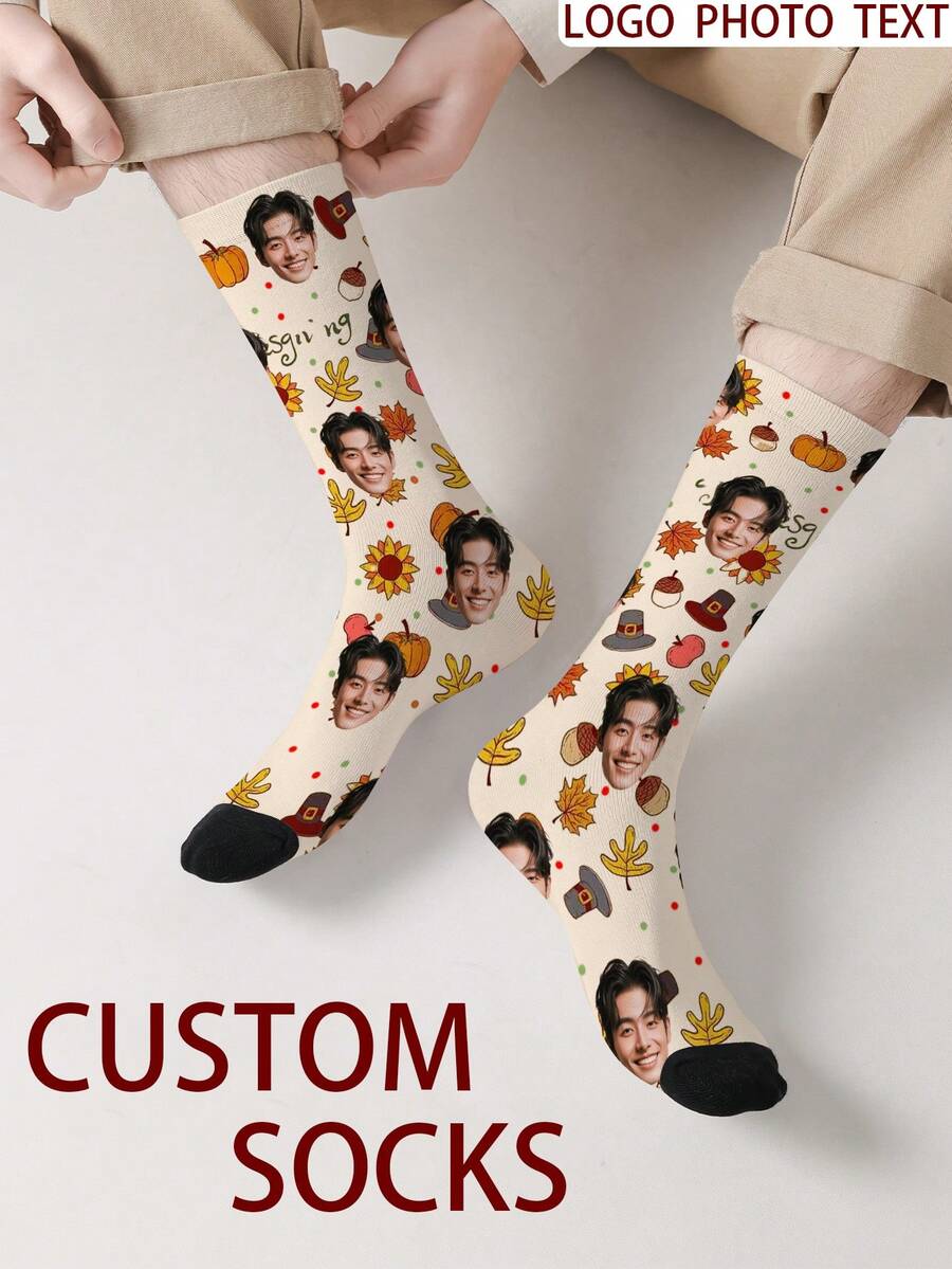1 Pair Customizable Men's Mid-Calf Socks With Face Pattern, Can Print Any Face On Socks, Personalized Photo Socks, Fun Custom Image Mid-Calf Socks, Suitable For Valentine's Day, Birthday, Gift-Giving, Thanksgiving And Other Occasions, Personalized Customization