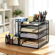 1pc Multi-Layer Metal Mesh Desktop File Organizer With Pen Holder, Large Capacity Office Document Storage Rack, Home Student Desk Organizer, Creative Metal Pen Holder, Multi-Function Office Student Desktop Combination Storage Box - A - View 1