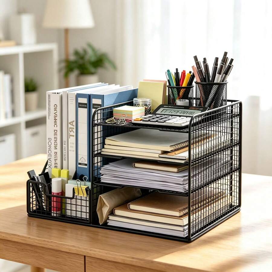 1pc Multi-Layer Metal Mesh Desktop File Organizer With Pen Holder, Large Capacity Office Document Storage Rack, Home Student Desk Organizer, Creative Metal Pen Holder, Multi-Function Office Student Desktop Combination Storage Box - A - View 1
