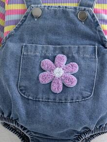 Autumn/Winter Baby Girl Cute Macaron Colorful Striped Bodysuit & Playful Floral Denim Overall Triangle Romper Outfit For Outings And Photos - Multicolor - View 5