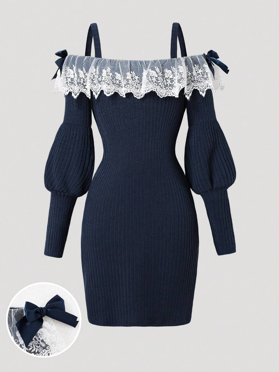 Autumn/Winter Girls Fashion Elegant Lace Trim Patchwork Spaghetti Strap Off-Shoulder Petal Sleeve Dress - Royal Blue - View 1