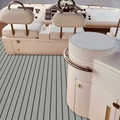 Tappetino nautico-yacht 240 x 90 cm in schiuma EVA, rivestimento in finto teak, base antiscivolo, autoadesivo, grigio con strisce nere