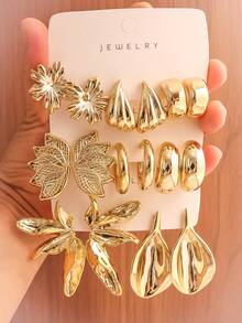 4-6-16PCS Gold Fashion Luxury Elegant Floral & Geometric Multi-Element Women's Stud Earrings Set, Suitable For Fashion Party, Travel Vacation, Attending Evening Banquet, Gift Giving, Wedding, And More Occasions (Lightweight CCB Material, Non-Fading) - Multicolor - View 5