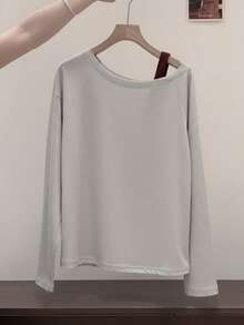 Women's Spaghetti Strap Asymmetrical Neck Long Sleeve Top, Vintage Letter Print, Ruched Waist Slimming Base Layer, Hot Girl Style Casual - Light Grey - View 2