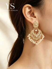 1pc Bohemian Style Heart-Shaped Bell Drop Earrings, Faux Pearl Dangle Jewelry For Women, Elegant Exaggerated Style - Gold - View 2