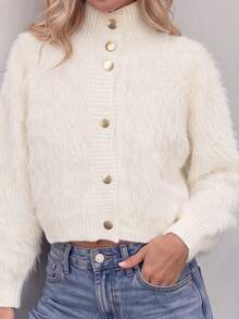 Korean Style Plush Knit Cardigan - Soft Faux Fur Sweater For Autumn/Winter, Decorated With Fan-Shaped Lace And Pearl Buttons, Comfortable High Neck Outerwear, Versatile For Daily Wear - White - View 4