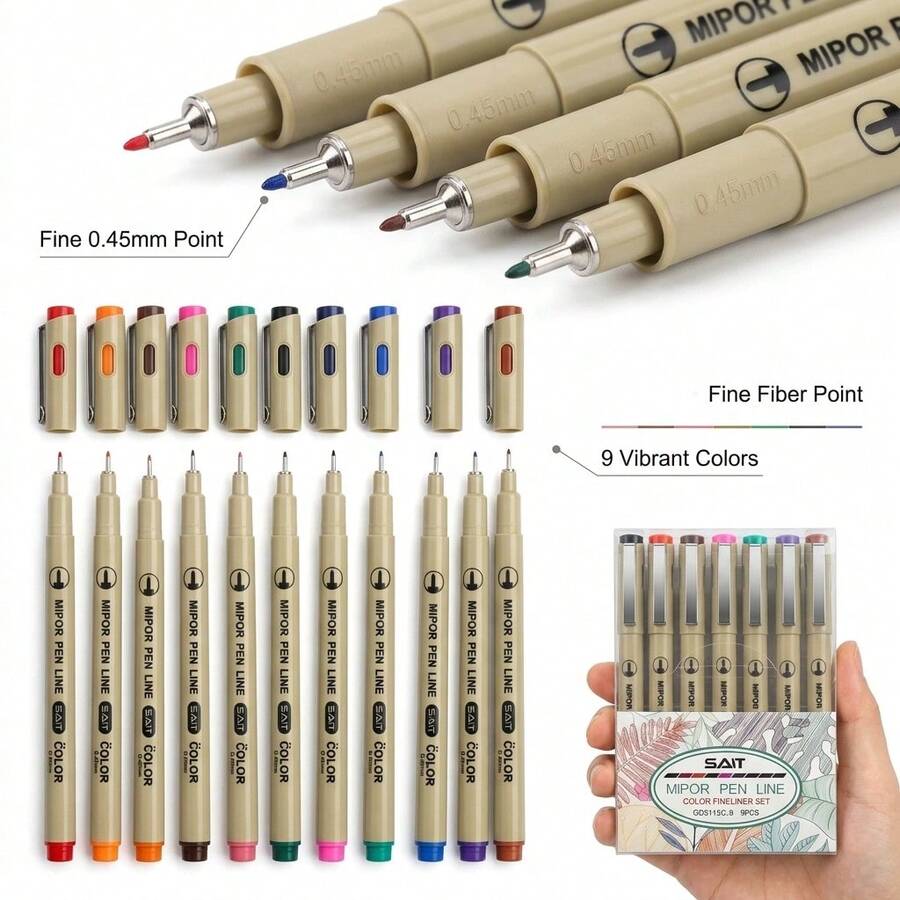 9pcs Colored Fine Liner Pens, 0.45mm Fine Tip Micro-Line Drawing Pens, 9 Mixed Colors, Washable, Water-Based Ink, Perfect For Sketching, Comics, Bullet Journals, Outlining, Office Supplies, School Essentials, Back-To-School Season Gift - Colorful 9-pack - View 1