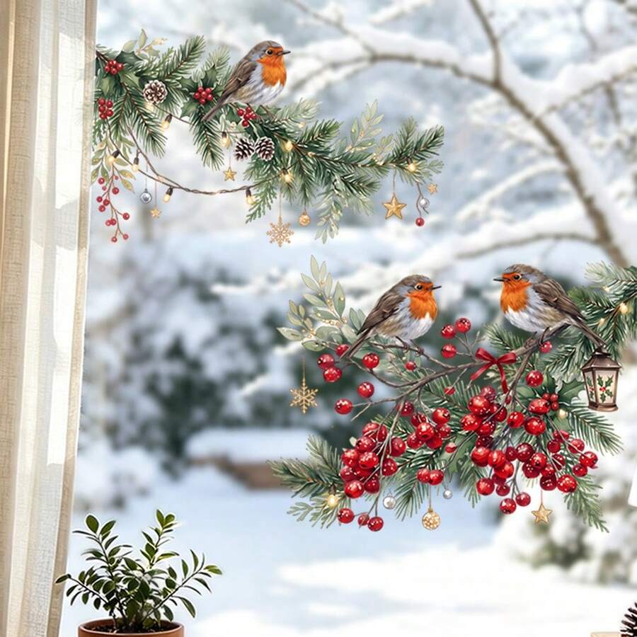1/3pcs Christmas Window Clings Winter Pine Garland Robin Bird Lanterns Static Glass Decals Double Sided Removable Holiday Stickers For Home Showcase Party Decor