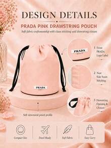 Prada Pink Drawstring Storage Bag, 15.5cm Wide X 20.5cm High, 1pc, Soft And Lightweight Fabric, Drawstring Closure, Suitable For Storing Makeup And Miscellaneous Items For Outings, Gift For Friends And Family - Pink - View 7