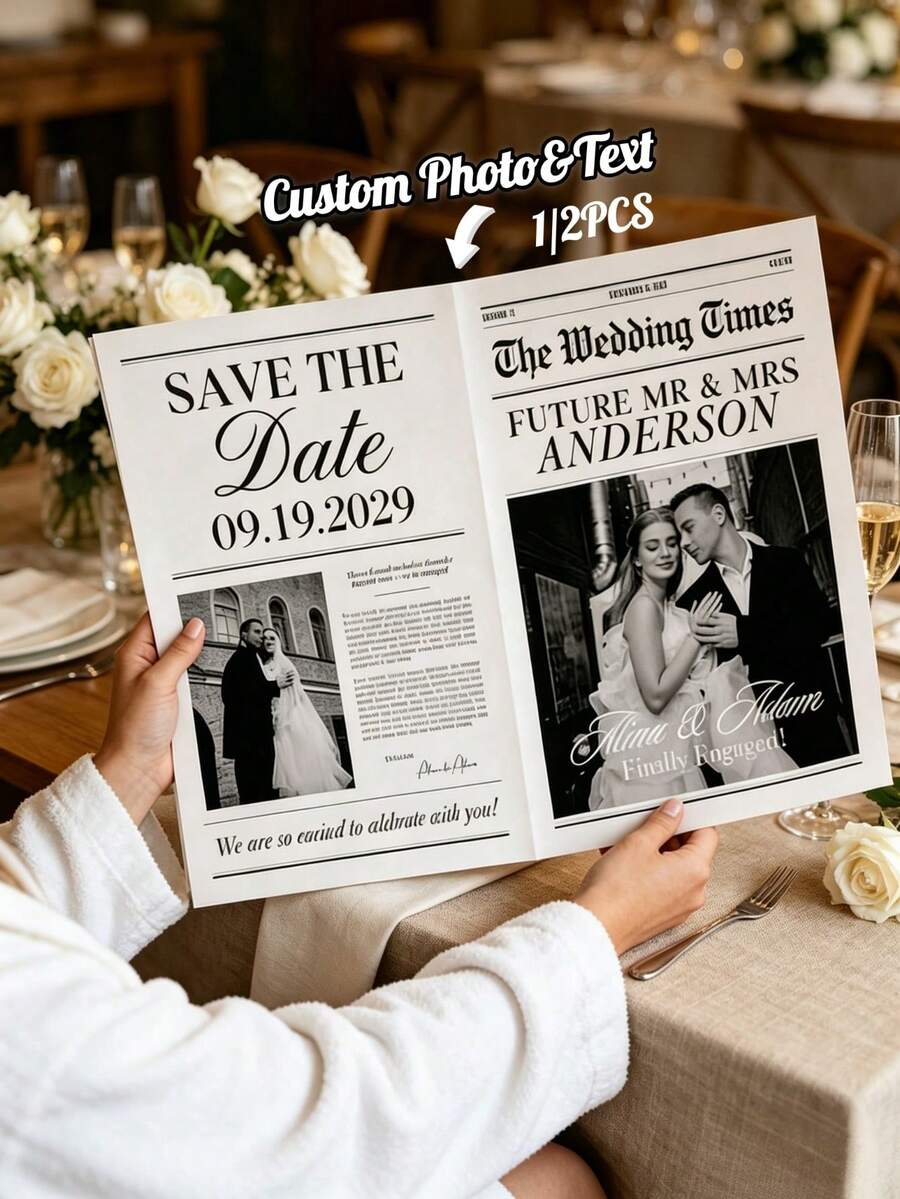 1/2件客製化婚禮報紙海報，自訂照片與文字，Save The Date 婚禮通知，訂婚派對新娘婚前派對裝飾，婚禮與特殊場合適用