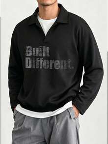 Men's Casual Versatile Minimalist English Print Commute Autumn/Winter Polo Shirt With Turn-Down Collar - Black - View 2