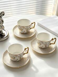 A Set Of Gold-Rimmed Floral Coffee Cup And Saucer, Suitable For Various Cold And Hot Beverages Such As Milk, Coffee, Hot Chocolate, Juice, Latte, Etc., Perfect Gift For Friends And Family During Holidays. - Multicolor - View 5