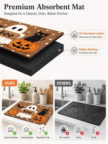 1pc Black Cat Pumpkin Ghost Bat Print Home Kitchen Decor Dish Drying Mat, Coffee Mat, Fun Halloween Cartoon Style, Soft Stain-Resistant, Easy To Clean, Halloween Gift, Suitable For Halloween Party, Halloween Home Decor, Kitchen Accessories - Multicolor - View 7