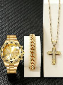 1pc Teenager Large Dial Quartz Watch, Zinc Alloy Strap, Comes With 2pcs Jewelry Set, Suitable For Holiday Parties - Gold - View 1