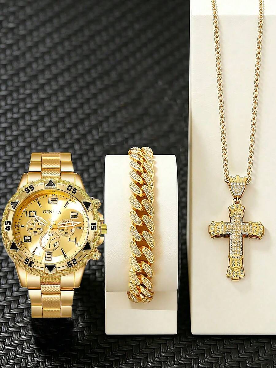 1pc Teenager Large Dial Quartz Watch, Zinc Alloy Strap, Comes With 2pcs Jewelry Set, Suitable For Holiday Parties - Gold - View 1