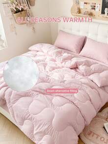 HONEYMOON 1pc Wavy Stitch Quilted Comforter, Polyester Fabric, Solid Color, Soft & Breathable, Wrinkle-Resistant, Down Alternative Bedding, T Q K Size, Suitable For Home And Dorm, Light Pink - Baby Pink - View 6