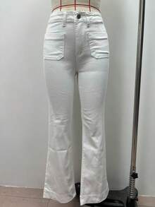 Elegant White Washed Denim Straight Leg Jeans With Pockets Chic Vintage Style Long Medium Stretch Trousers - Off-white - View 7
