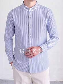 GRKC 男士通勤立領長袖梭織襯衫，極簡成熟風格，適合春秋冬季 - 藍白色 - 查看 1