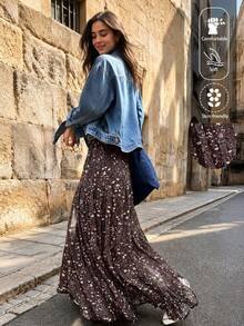 EARO Women's Navy Blue Ditsy Floral A-Line Skirt, High Waist Casual Loose Vacation Elegant Design Patchwork Pleated Maxi Skirt, Spring/Autumn Brown - Brown - View 1