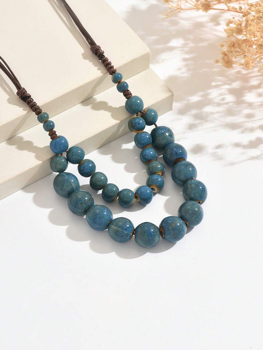 1 buah Kalung Rantai Sweater Manik-manik Biru Motif Bunga Vintage Bohemian dengan Tali Serut yang Dapat Diatur, Cocok untuk Pemakaian Sehari-hari Wanita, Liburan, Pesta - Biru - View 1