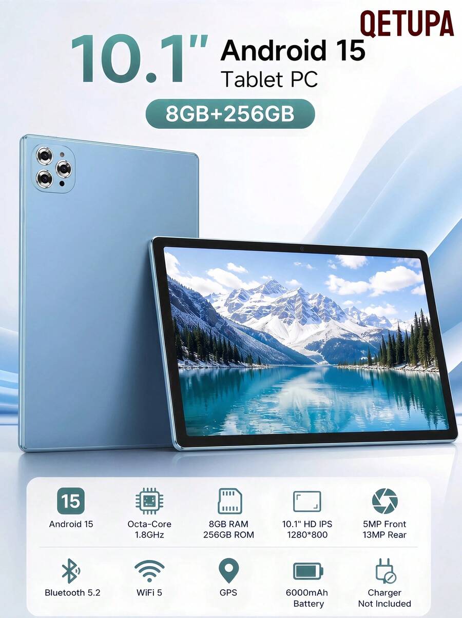 Qetupa 10.1 吋 Android 15 平板電腦,4GB RAM+64GB/128GB,八核心 1.8GHz 處理器,HD(1280x800) IPS 觸控螢幕,BT 5.2&802.11ac WiFi5,GPS,5MP 前置鏡頭&13MP 後置鏡頭,6000mAh 大容量電池(不含適配器) - 藍色 - 查看 1
