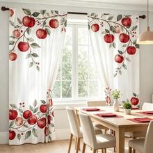 2pcs White Background Watercolor Red Apple Branch Print Curtains, Red Apple, Green Leaf Vine, Red Berry Pattern, 2D Flat Print, Translucent, Rod Pocket, Suitable For Kitchen, Dining Room, Living Room Window Decor, Fruit Theme Curtains - Multicolor - View 3