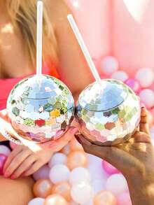 Disco Ball Cup, Beverage Cup With Straw, Silver, Metallic Foil Colorful Graduation Anniversary Bachelorette Party Birthday Disco Cup, Suitable For Parties, Graduation Parties (Straw Not Included) - Multicolor - View 2