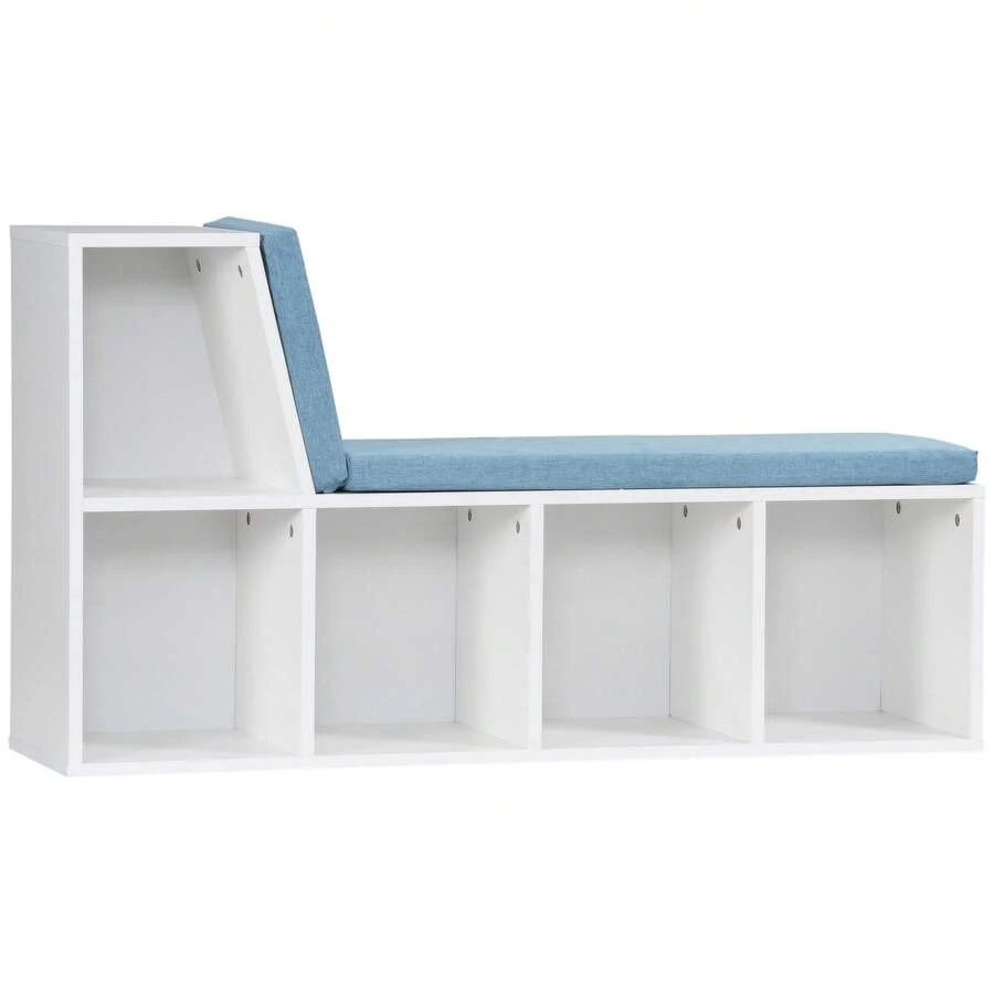 2-in-1 boekenkast/bank met 5 opbergvakken en 2 kussens, 108 x 30 x 60 cm, wit/blauw - A - Bekijken 1