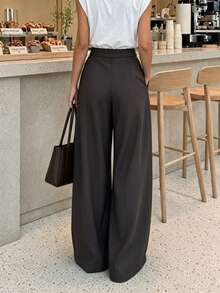 Women's Elegant Minimalist Solid Color Wide Leg Long Pants, Suitable For Daily Commute, Workplace And Business Wear - Grey - View 2