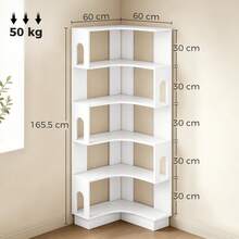 Hoekboekenkast met 6 planken en gebogen zijpanelen, 60 x 60 x 165,5 cm, wit - A - Bekijken 5