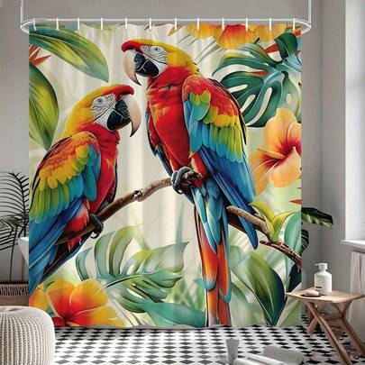 1pc Tropical Macaw Shower Curtain Green Plants & Flowers Bathroom Partition Curtain – Suitable For Bathroom Decor Bathroom Curtain – Easy To Clean Exquisite Home Decor, Bathroom Partition Curtain Decorative Shower Curtain, Bathroom Accessories Home Decor Gift – Includes 12 Hooks