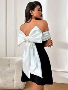 Autumn Bow Off-Shoulder Contrast Color Party Dress Elegant Dress For Dating - Black - View 6
