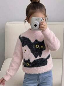 Girls Cute Cat Pattern Faux Mink Fur Knit Pullover Sweater, Suitable For Daily Casual Wear In Spring, Autumn And Winter - Pink - View 1