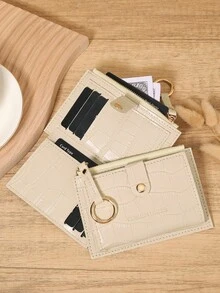Beige Crocodile Pattern Metal Buckle Mini Wallet, Zipper Flap Multi-Card Slot Design, PU Leather Coin Purse, Unisex Daily Travel, Compact Minimalist Style Birthday Christmas Gift - Beige - View 6