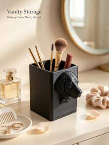 Black Luxury Dog Head Design Makeup Brush Holder, Multifunctional Desktop Makeup Tool Storage Bin, Vanity Table Organizer And Decorative Ornament - View 7