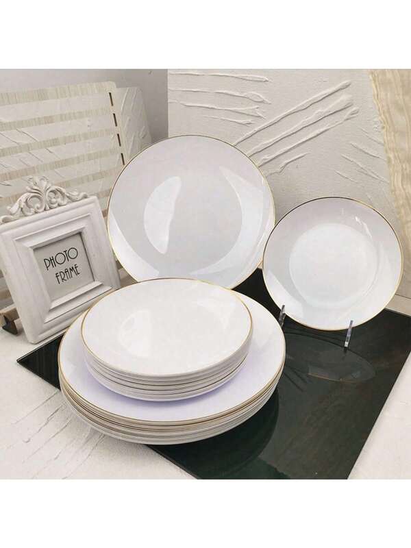 Plato redondo grueso blanco con borde dorado de lujo ligero, plato plano para filete de estilo occidental para el hogar, bandeja para banquetes de hotel, plato de decoración de mesa minimalista de celebridad de internet, plato para aperitivos de té de la tarde de fiesta, plato con borde dorado de múltiples tamaños fácil de limpiar y duradero