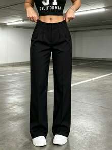 High-Waisted Pleated Wide-Leg Pants, Elegant And Suitable For Work In Autumn/Winter - Black - View 2