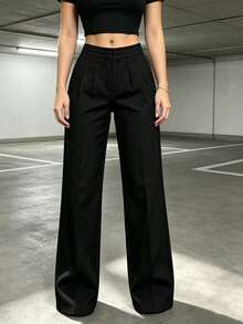 High-Waisted Pleated Wide-Leg Pants, Elegant And Suitable For Work In Autumn/Winter - Black - View 5