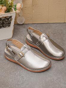 Women's Buckle Wedge Platform Sandals, Comfortable Lightweight Silver Gray Summer Sandals, Vacation Style, Daily Wear, Beach, Outdoor Activities - Silver Gray - View 6