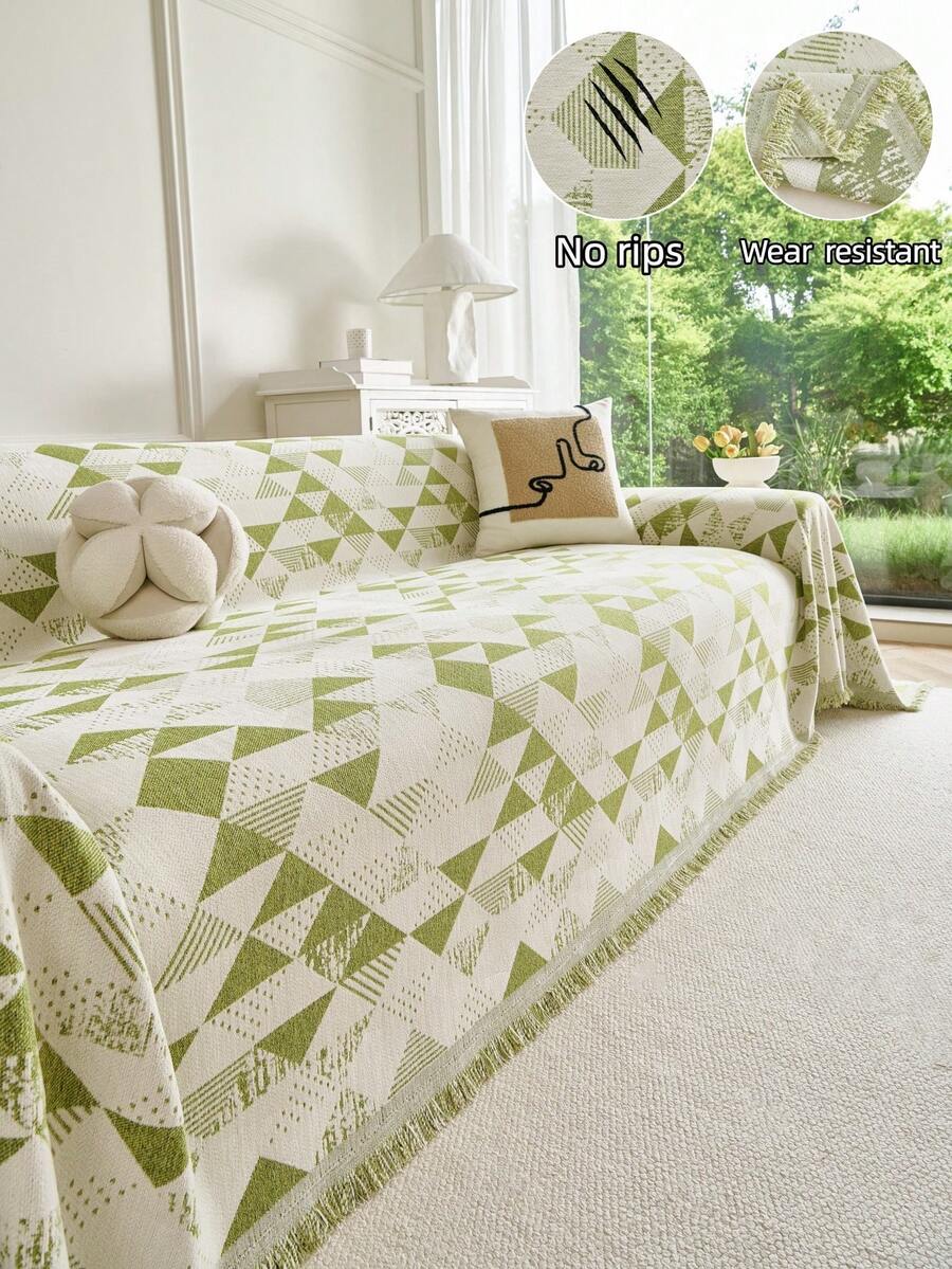 1pc Triangle Geometric Jacquard Sofa Cover, Nordic Minimalist Style, Geometric Pattern, Versatile Full Coverage Sofa Protector, Pet Friendly Anti-Scratch, Durable Non-Slip Sofa Throw, Machine Washable Anti-Dirt Sofa Pad, All Season Use, Suitable For Bedroom, Living Room, Straight L-Shaped Fabric Sofa Cover, B&B Rental Home Decor Multi-Functional Sofa Slipcover, Bohemian, Sofa Cover - Green - View 1